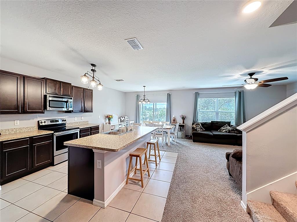 An open-concept kitchen with dark cabinets and an island flows into a carpeted living area — 3689 MAIDENCAIN STREET, CLERMONT, FL