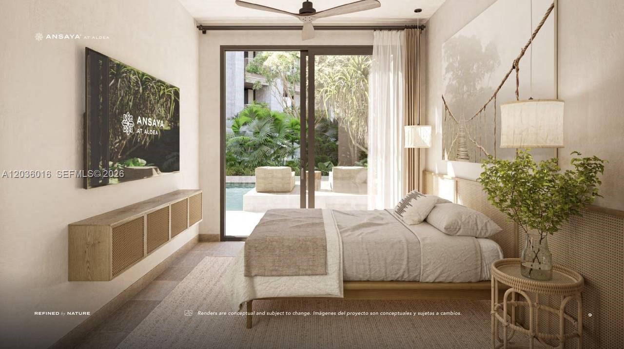 This rendering shows a modern bedroom with a bed, wall-mounted media console, and patio access — 0 Friusa # b, FL, FL