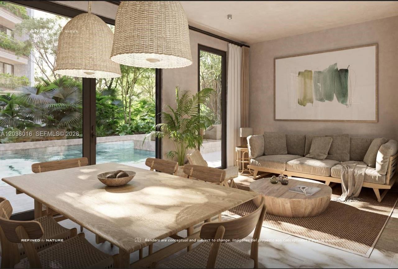 This rendering shows a dining and living area with natural wood furniture and pool views — 0 Friusa # b, FL, FL