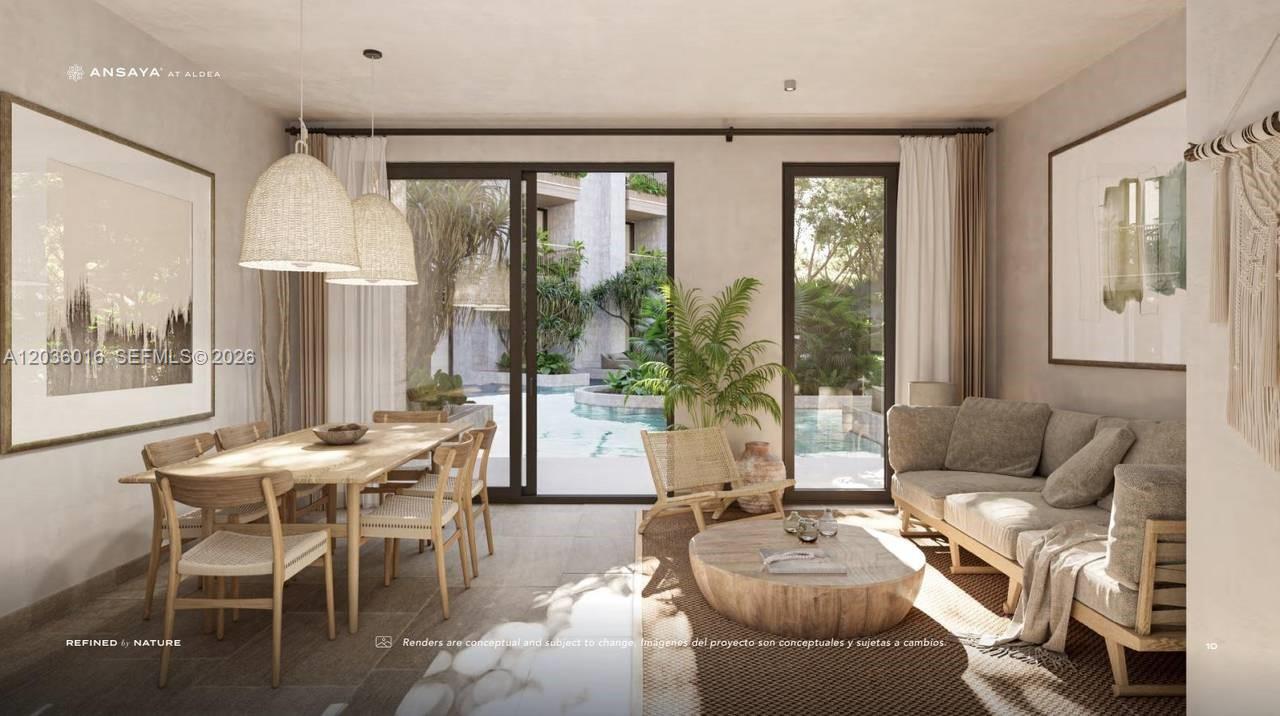 This rendering shows a modern living and dining room with views of an outdoor pool — 0 Friusa # b, FL, FL