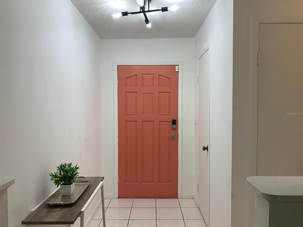 An entryway features a coral-colored front door, white tiled floors, and a modern ceiling light — 132 HALLMARK AVENUE, LAKE PLACID, FL