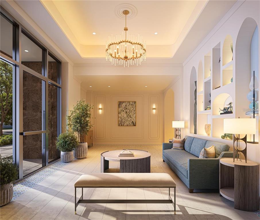 This rendering shows a modern lobby with a chandelier, blue sofa, and arched wall niches — 749 BURLINGTON AVENUE UNIT 600, ST PETERSBURG, FL
