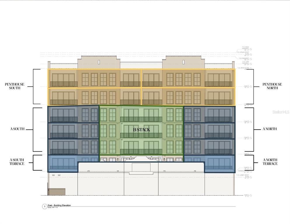 This architectural rendering shows the east building elevation of a multi-story residential complex — 749 BURLINGTON AVENUE UNIT 600, ST PETERSBURG, FL