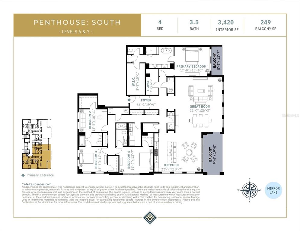 This is a floor plan for a four-bedroom, three-and-a-half-bath penthouse unit — 749 BURLINGTON AVENUE UNIT 600, ST PETERSBURG, FL
