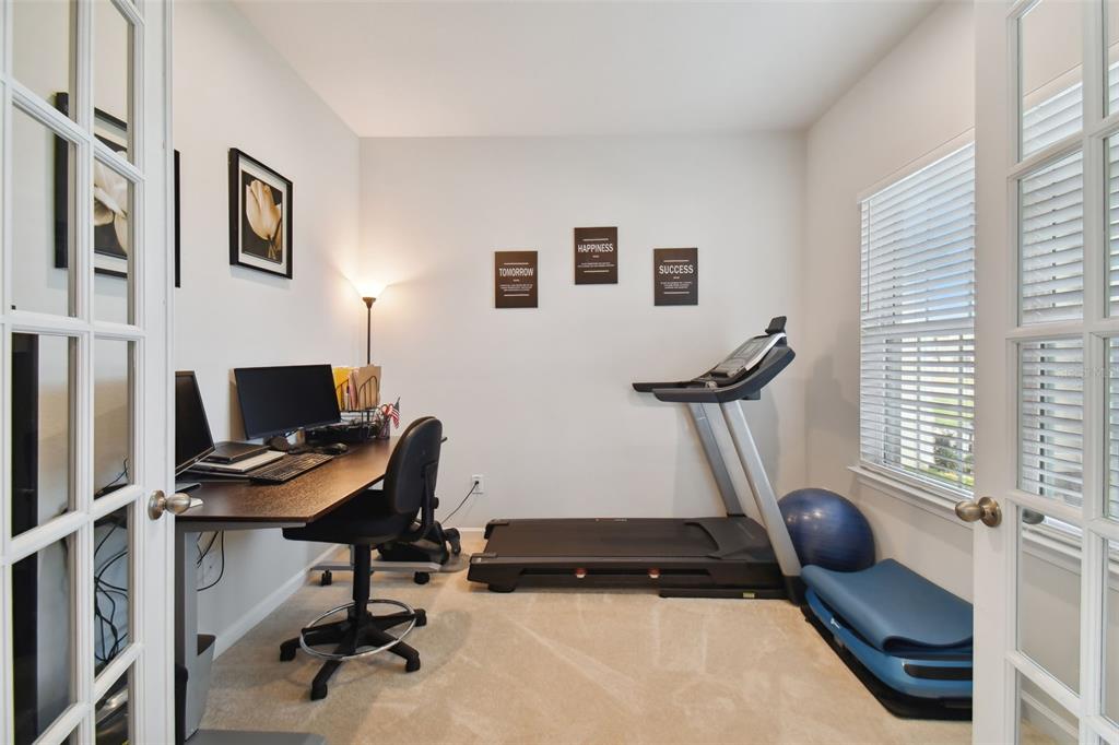 A home office featuring a desk, computer, treadmill, and exercise equipment on carpeted flooring — 8308 GREENWAY AVENUE, WESLEY CHAPEL, FL