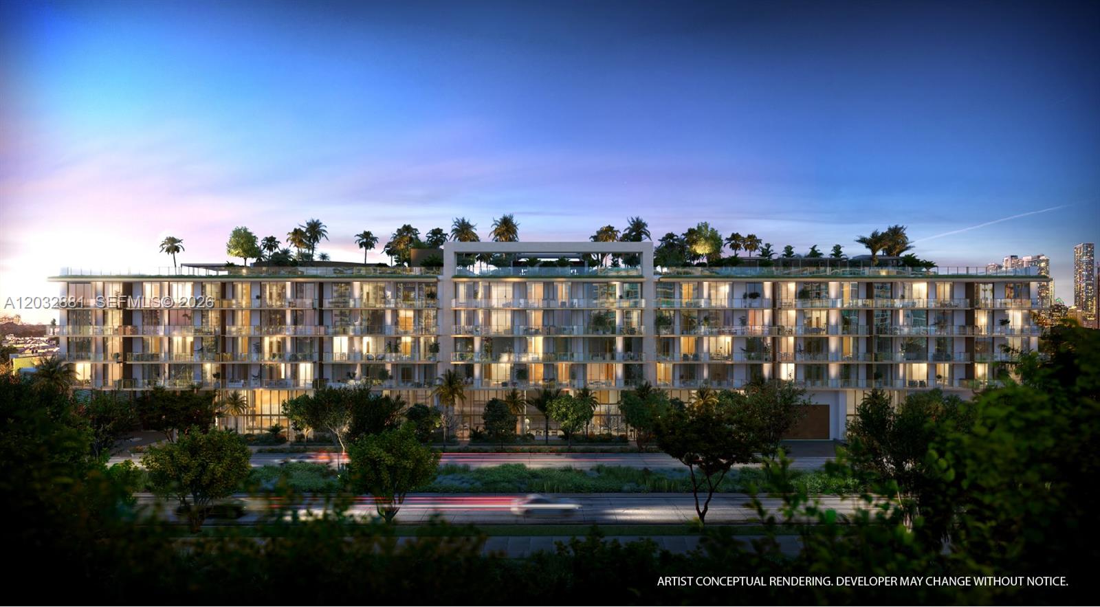 An artist conceptual rendering of a modern multi-story residential building at dusk with rooftop landscaping — 2200 Brickell Ave # 218, Miami FL 33129, MIAMI, FL