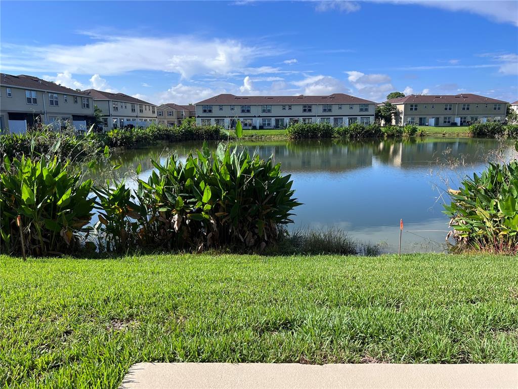 A view of a pond behind a grassy lawn with multi-story apartment buildings beyond — 15031 CASPIAN TERN COURT UNIT 105, NORTH FORT MYERS, FL