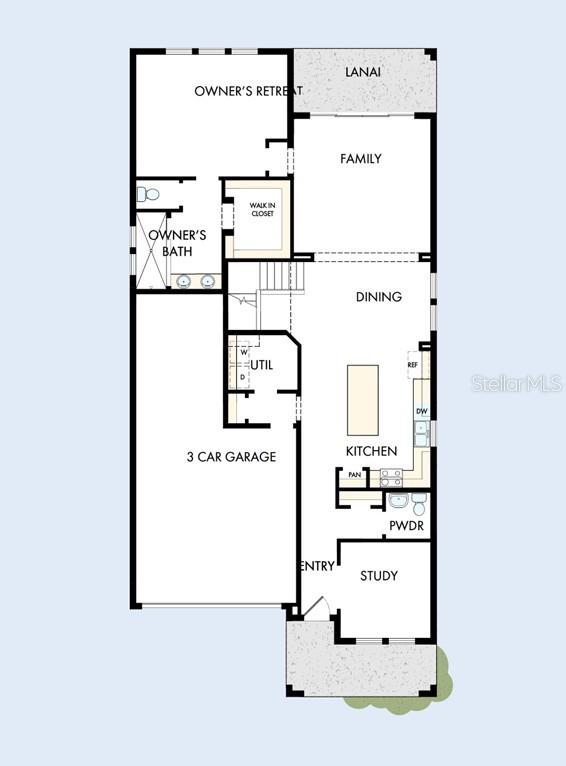 This floor plan shows a single-story home layout featuring a three-car garage and lanai — 5130 SEA BRANCH AVENUE, APOLLO BEACH, FL