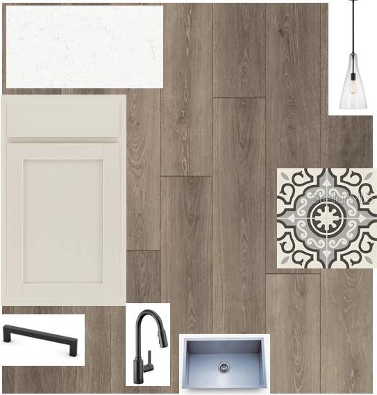 This is a design mood board featuring kitchen cabinetry, flooring, hardware, lighting, and tile samples — 5130 SEA BRANCH AVENUE, APOLLO BEACH, FL