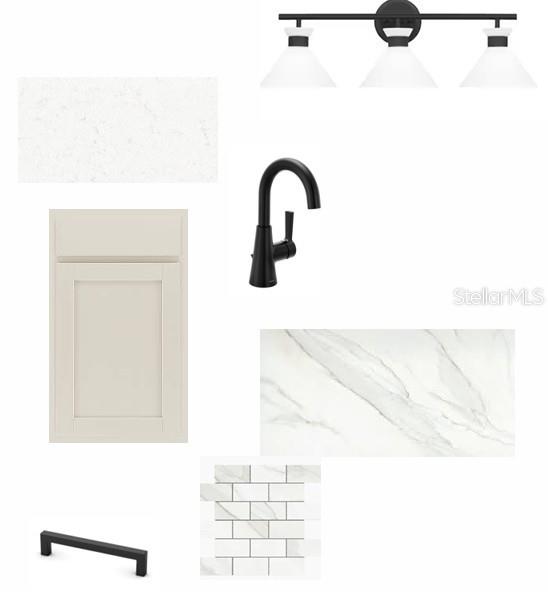 This design board displays a bathroom material palette featuring cream cabinetry, marble-look tiles, and black fixtures — 5130 SEA BRANCH AVENUE, APOLLO BEACH, FL