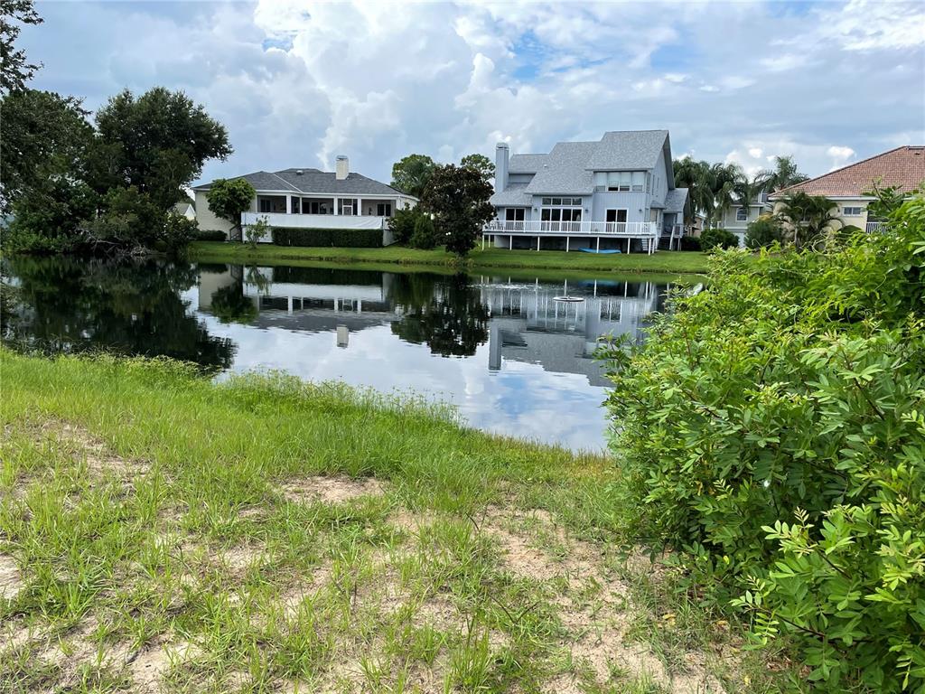 A view of two houses across a pond with a grassy foreground — 2042 N POINTE ALEXIS DRIVE, TARPON SPRINGS, FL