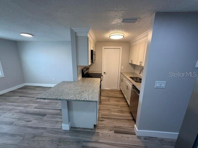 A kitchen features light-colored cabinets, granite countertops, stainless steel appliances, and wood-look flooring — 4933 ELKNER STREET, NEW PORT RICHEY, FL
