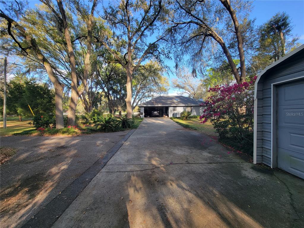 A concrete driveway leads toward a single-story house with a garage under mature trees — 8028 SE 129TH PLACE, SUMMERFIELD, FL