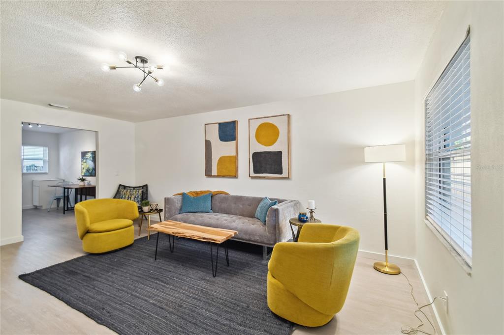 A living room features a gray sofa, two yellow chairs, and a dark area rug — 6422 S ADELIA AVENUE, TAMPA, FL