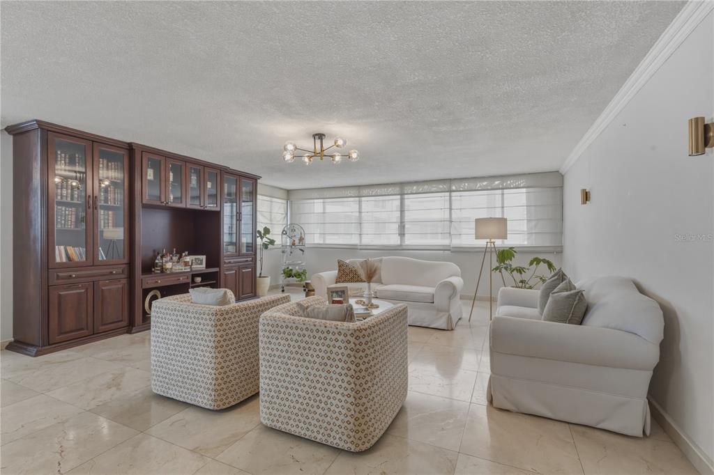 A living room features a large wooden wall unit, two patterned armchairs, and white sofas — 15 CALLE TAFT UNIT 202, SAN JUAN, PR