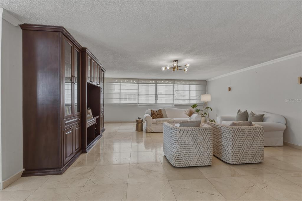 A living room features a large wooden wall unit, marble flooring, and white upholstered furniture — 15 CALLE TAFT UNIT 202, SAN JUAN, PR