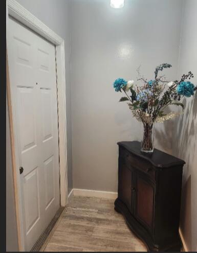 A small entryway features a white door, gray walls, wood-look flooring, and a dark cabinet — 2011 Madeira Drive, Weston FL 33327, WESTON, FL