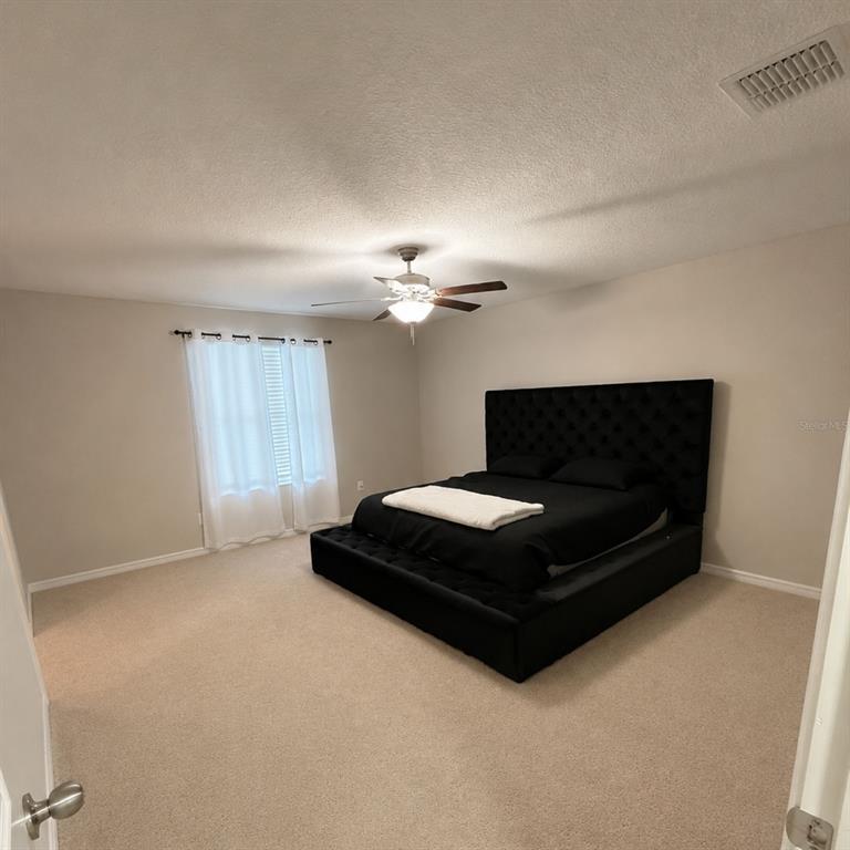 A bedroom features beige carpet, light walls, a ceiling fan, and a black tufted bed — 10364 ALDER GREEN DRIVE, RIVERVIEW, FL