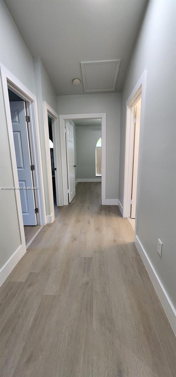 A hallway with light wood-look flooring, white trim, and multiple doorways leading to other rooms — 14817 SW 180th St, Miami FL 33187, MIAMI, FL