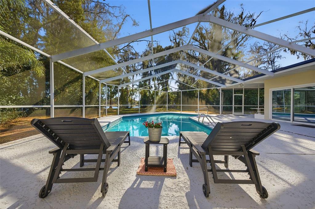 Two lounge chairs sit on a patio beside a screened-in swimming pool and backyard trees — 9214 RHEA DRIVE, ODESSA, FL