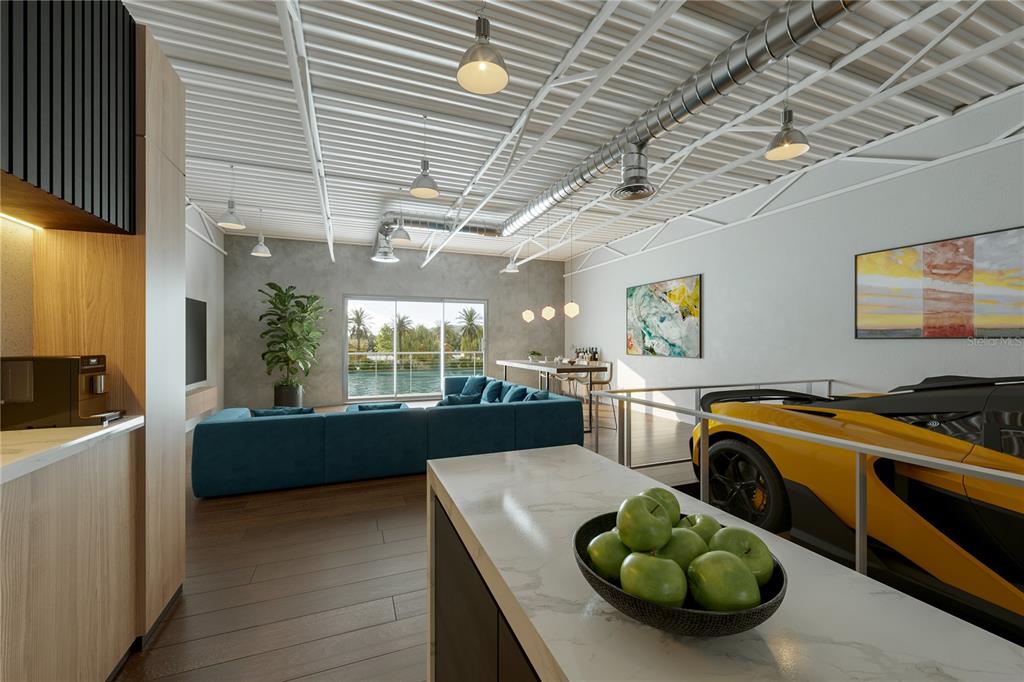 This rendering shows a modern open-concept living area featuring a yellow sports car parked inside — 5755 BESSIE DRIVE UNIT 8, SARASOTA, FL
