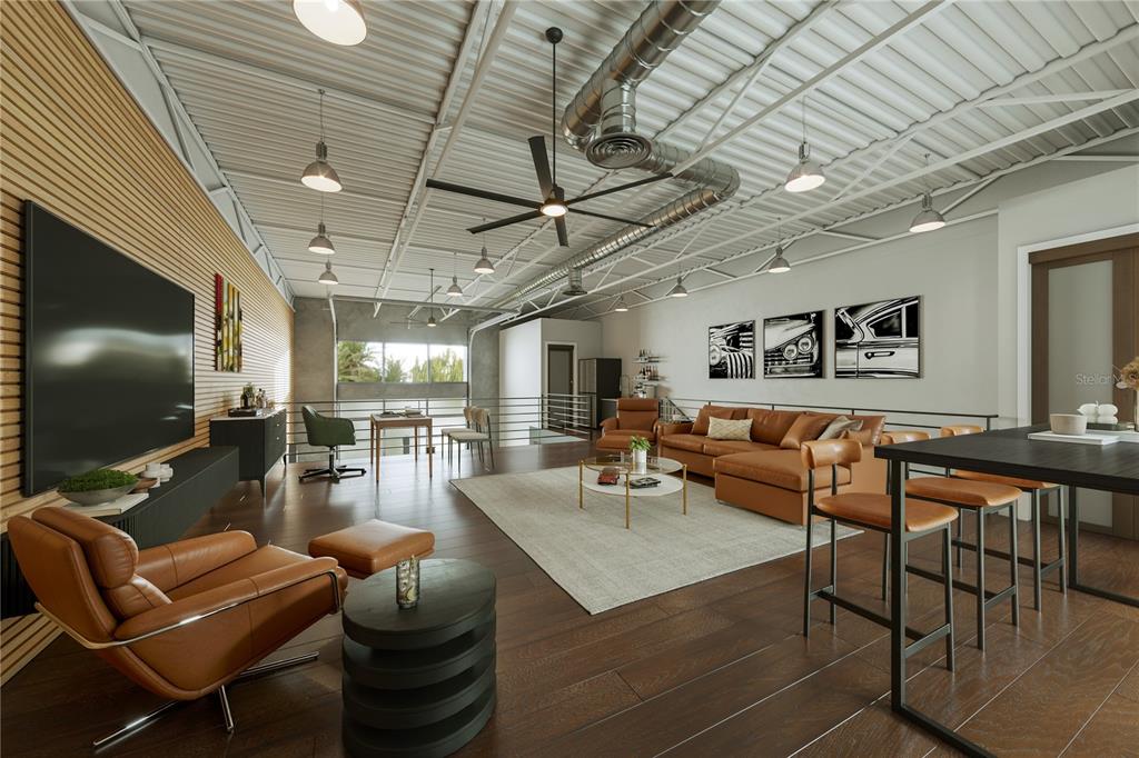 This is a rendering of a modern industrial-style loft living room with high ceilings — 5755 BESSIE DRIVE UNIT 8, SARASOTA, FL