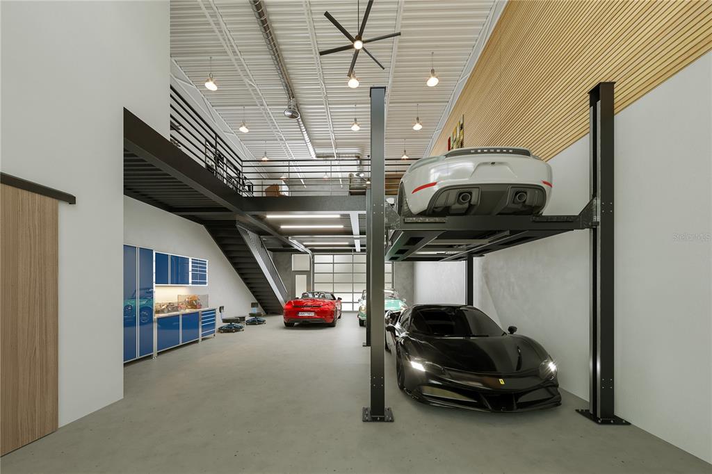 This is a 3D rendering of a modern garage featuring a car lift and mezzanine — 5755 BESSIE DRIVE UNIT 8, SARASOTA, FL
