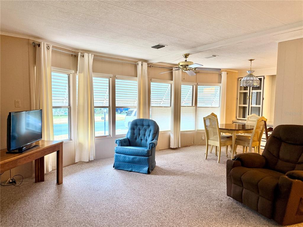 A living and dining area features beige carpeting, paneled walls, and a large window wall — 3335 S CITRUS CIRCLE UNIT GE, ZELLWOOD, FL