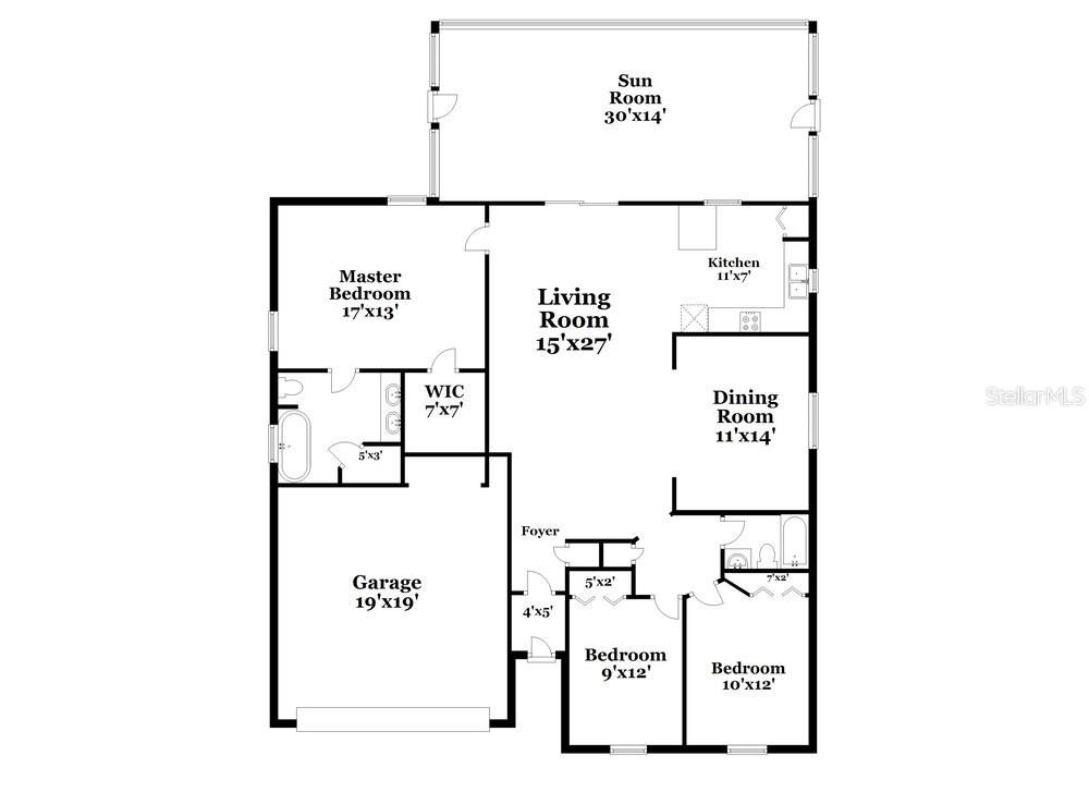 This is a floor plan of a single-story house with three bedrooms and a sunroom — 213 LOOKOUT DRIVE, APOLLO BEACH, FL
