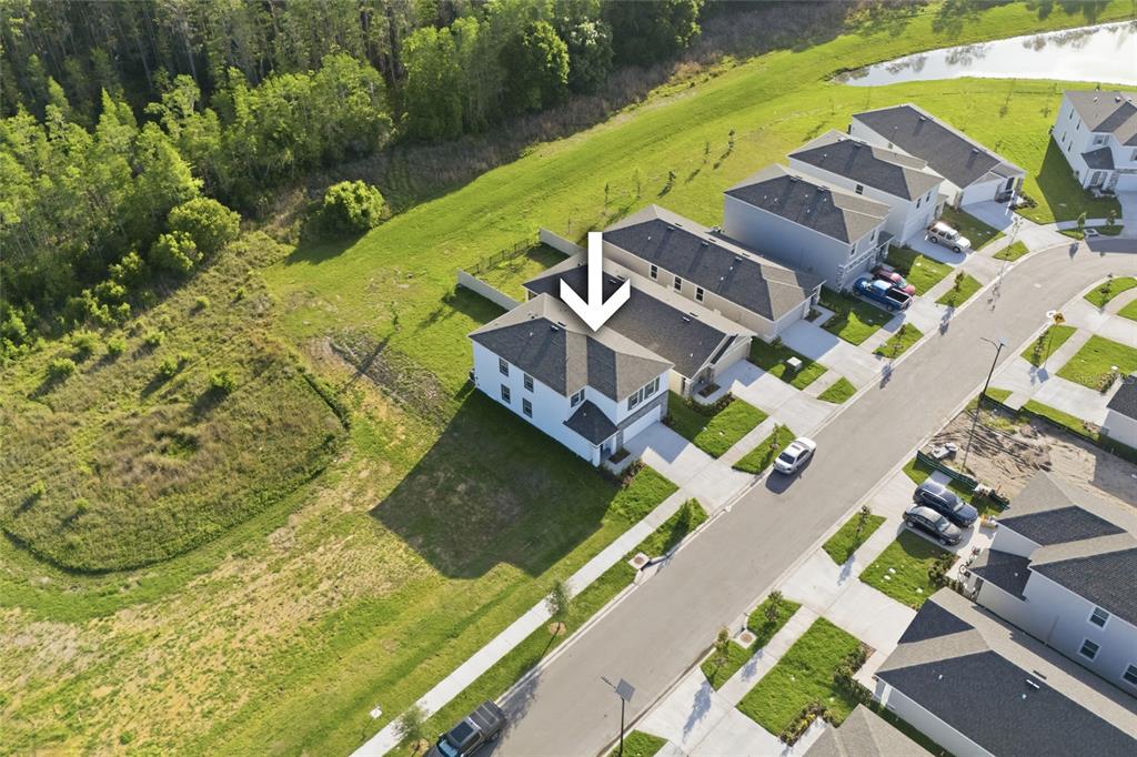An aerial view shows a two-story suburban house with a white exterior and gray roof — 17786 ACORN DROP ROAD, LAND O LAKES, FL