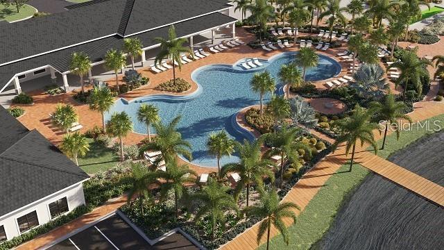 This is a rendering of a community swimming pool surrounded by palm trees and buildings — 12215 RADIANT GEM TRAIL, PARRISH, FL