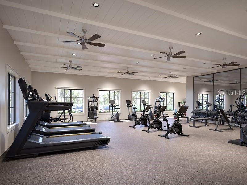 This rendering shows a fitness center with treadmills, stationary bikes, weight equipment, and ceiling fans — 12215 RADIANT GEM TRAIL, PARRISH, FL