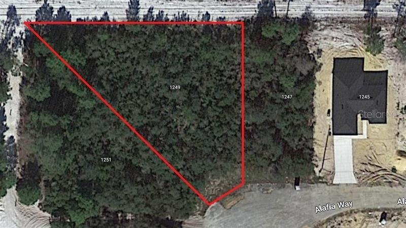 An aerial view shows a triangular wooded lot outlined in red next to a house — 1249 ALAFIA WAY, POINCIANA, FL