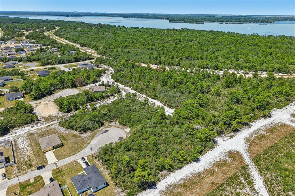 An aerial view shows a residential neighborhood bordering a large wooded area and a lake — 1249 ALAFIA WAY, POINCIANA, FL