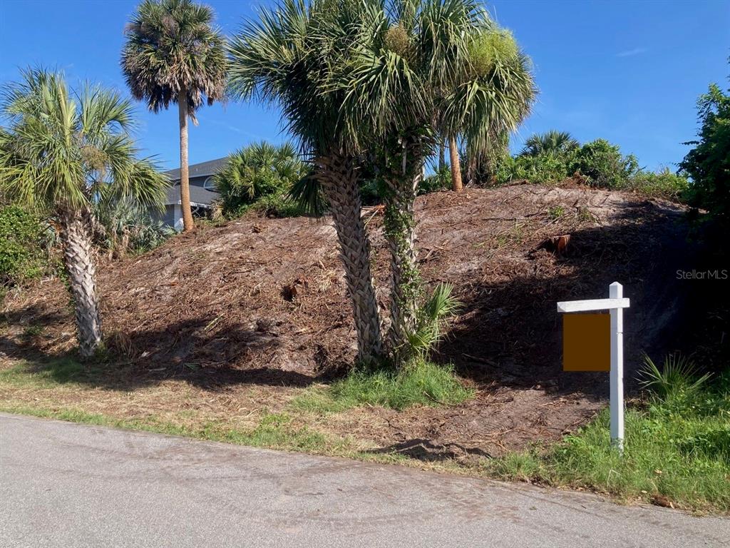 A sloped, cleared vacant lot features several palm trees and a real estate sign — 2146 Villa WAY, NEW SMYRNA BEACH, FL