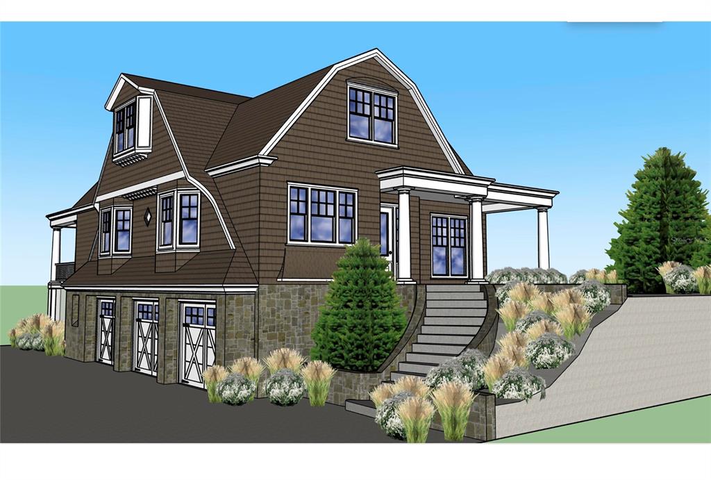 This is a digital rendering of a brown shingle-style house with a stone-faced garage base — 2146 Villa WAY, NEW SMYRNA BEACH, FL