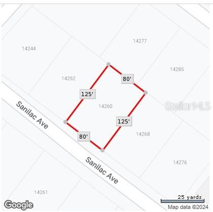 This is a map showing the rectangular property boundaries and dimensions of a land parcel — 14260 SANILAC AVENUE, PORT CHARLOTTE, FL