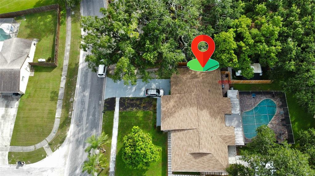 An aerial view shows a house with a shingled roof, pool, and driveway — 14216 BRIARTHORN DRIVE, TAMPA, FL