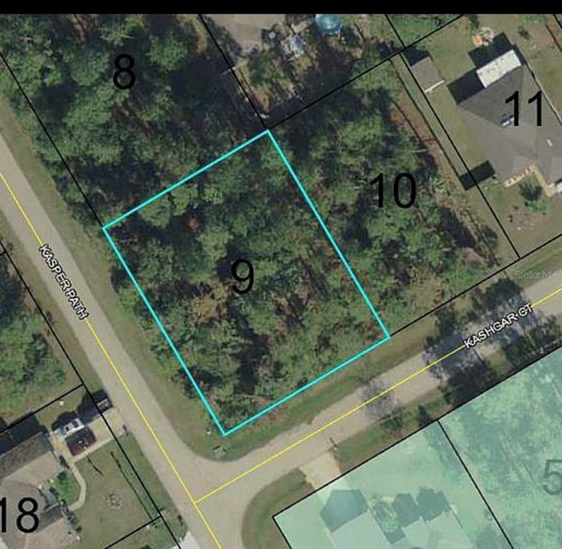 This is an aerial map view of a vacant, wooded residential lot labeled number nine — 1 KASHGAR COURT, PALM COAST, FL