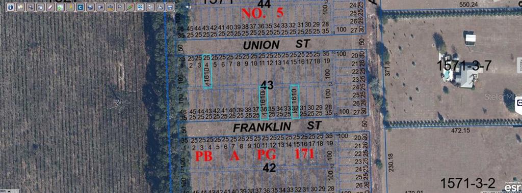 This is a land survey map showing numbered residential lots along Union and Franklin Streets — TAMIAMI HEIGHTS #5 BLKS 41-45, HIGH SPRINGS, FL