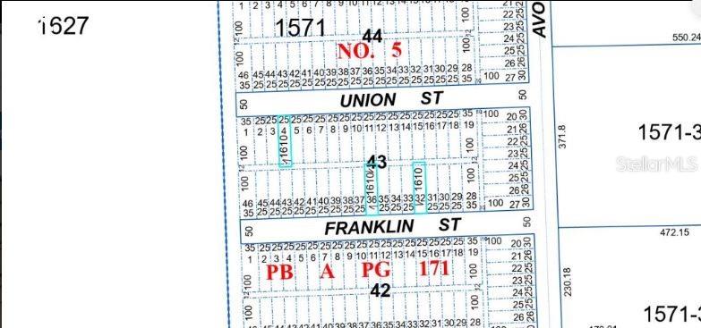 This is a plat map showing numbered land parcels along Union Street and Franklin Street — TAMIAMI HEIGHTS #5 BLKS 41-45, HIGH SPRINGS, FL