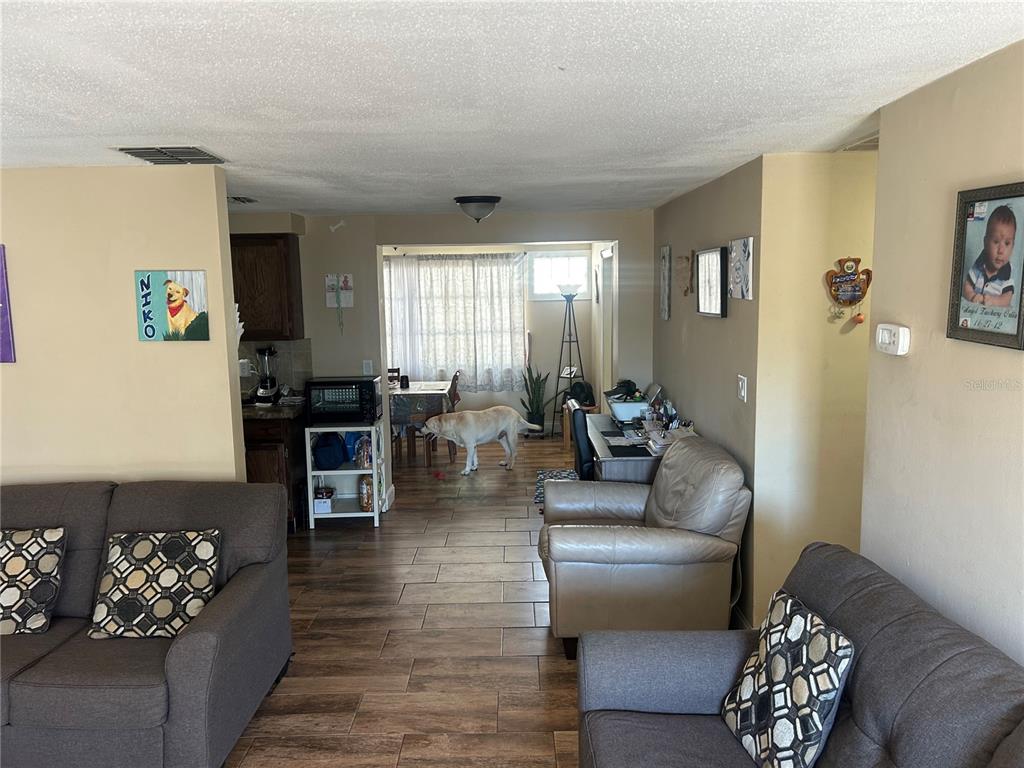 A living room with wood-look tile flooring leads to a dining area with a dog — 10824 INGLEWOOD AVENUE, PORT RICHEY, FL