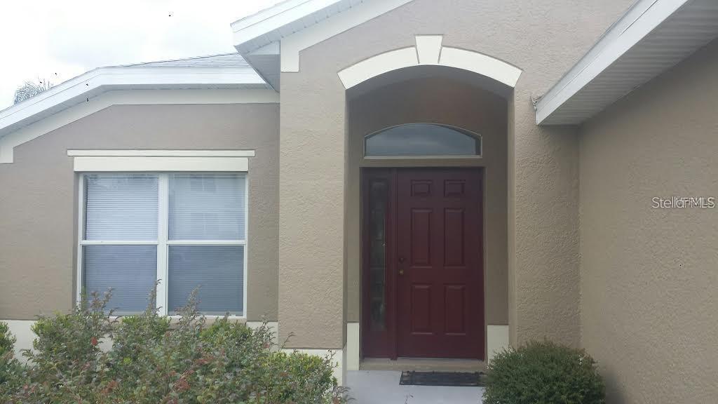 The exterior of a house features a tan stucco facade, a dark red front door, and a window — 11415 MOUNTAIN BAY DRIVE, RIVERVIEW, FL