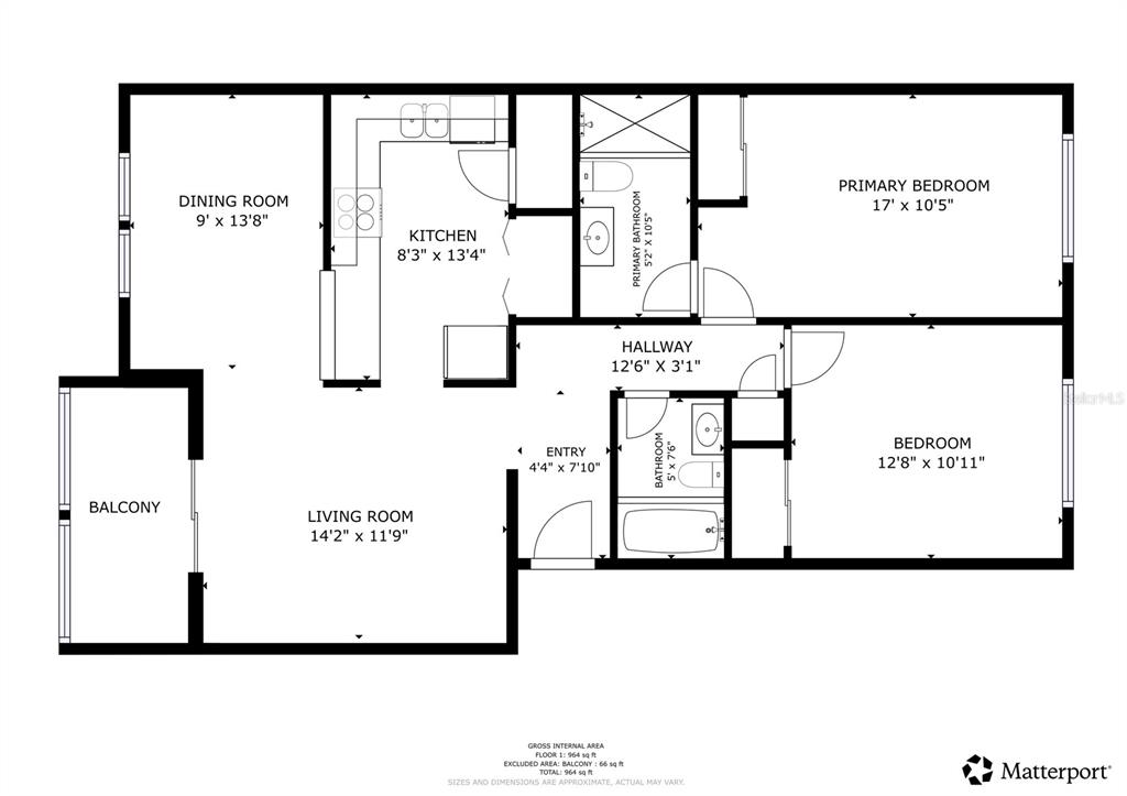 This is a floor plan for a two-bedroom apartment with a balcony and two bathrooms — 417 BANANA CAY DRIVE UNIT J, SOUTH DAYTONA, FL