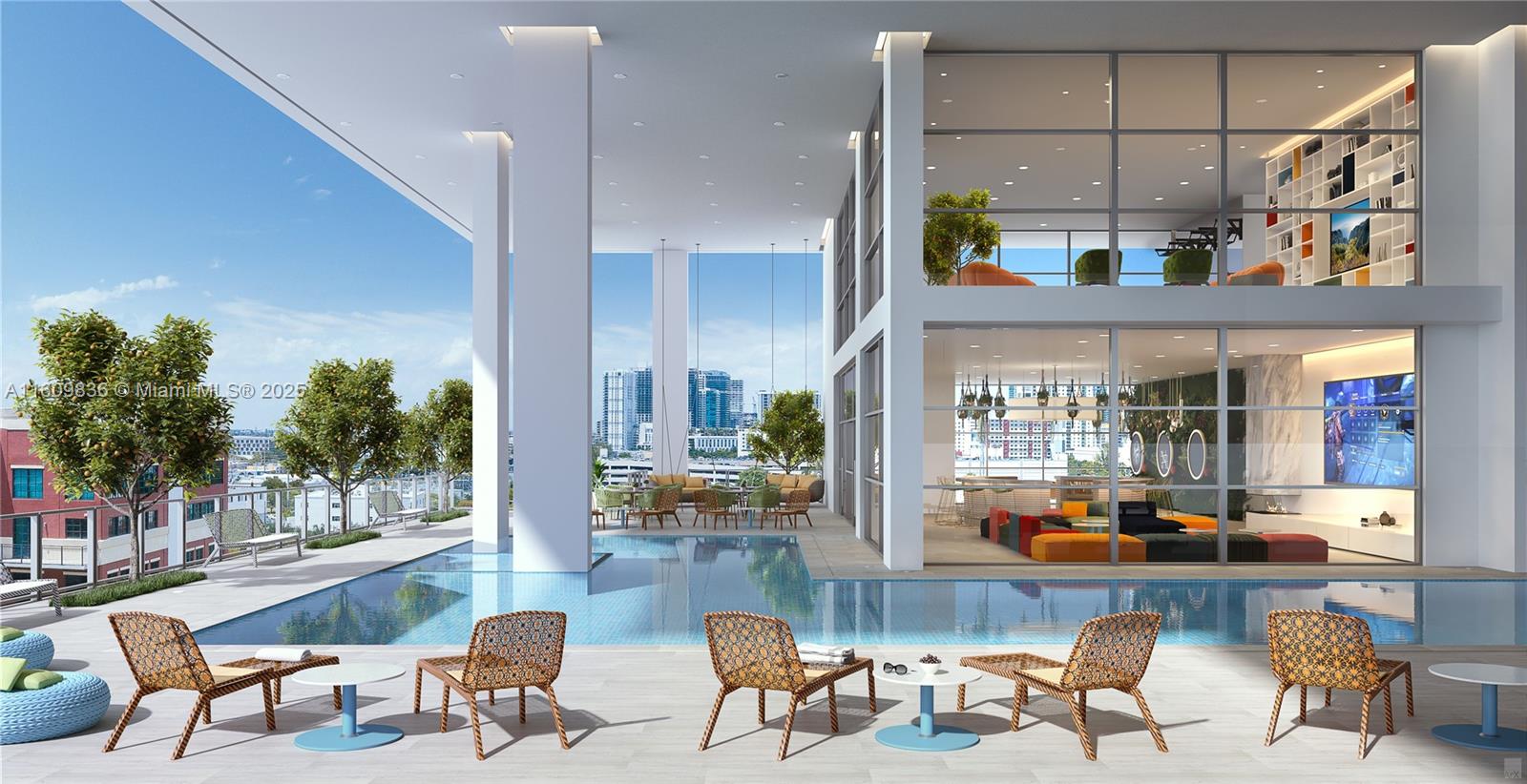This rendering shows an outdoor pool deck with lounge chairs and a two-story glass-walled building — 1642 NE 1st Ave # 2308, Miami FL 33132, MIAMI, FL