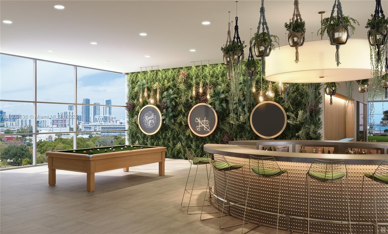 This rendering shows a lounge with a pool table, a curved bar, and a green wall — 1642 NE 1st Ave # 2308, Miami FL 33132, MIAMI, FL