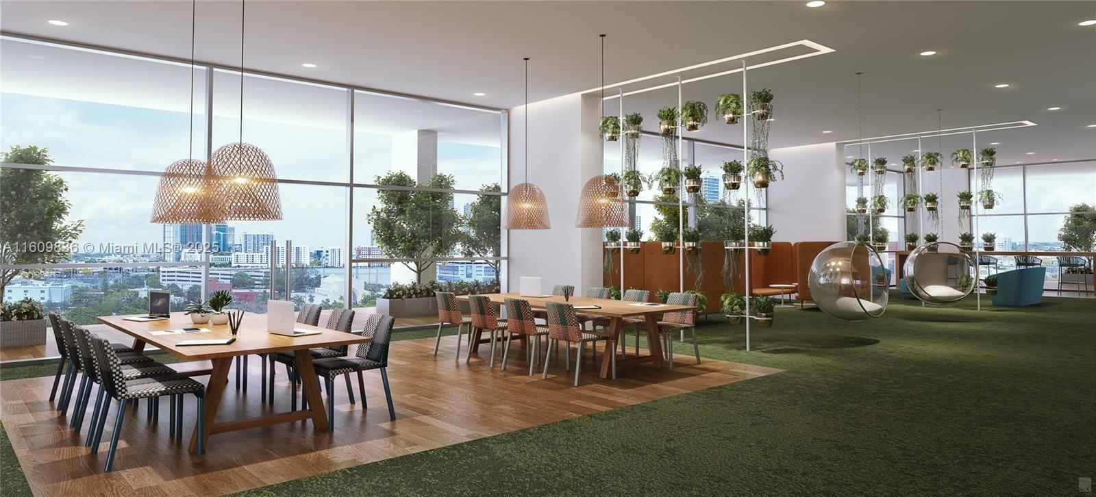 This rendering shows a modern office lounge with wooden tables, hanging basket lights, and indoor plants — 1642 NE 1st Ave # 2308, Miami FL 33132, MIAMI, FL