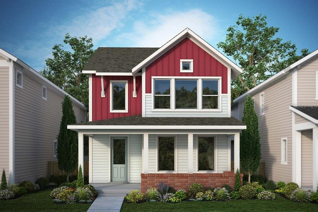 A digital rendering of a two-story house featuring red vertical siding and a brick base — 3211 VOYAGER AVENUE, ST CLOUD, FL