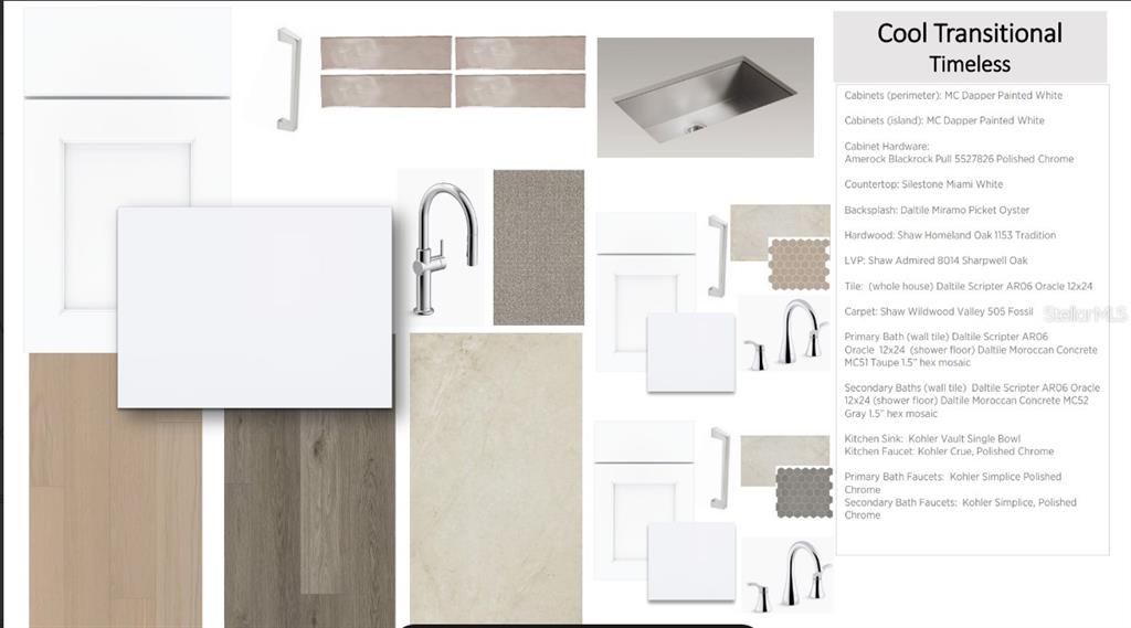 This design board displays material and finish selections for a kitchen and bathroom renovation — 3678 ARBORDALE LOOP, SANFORD, FL