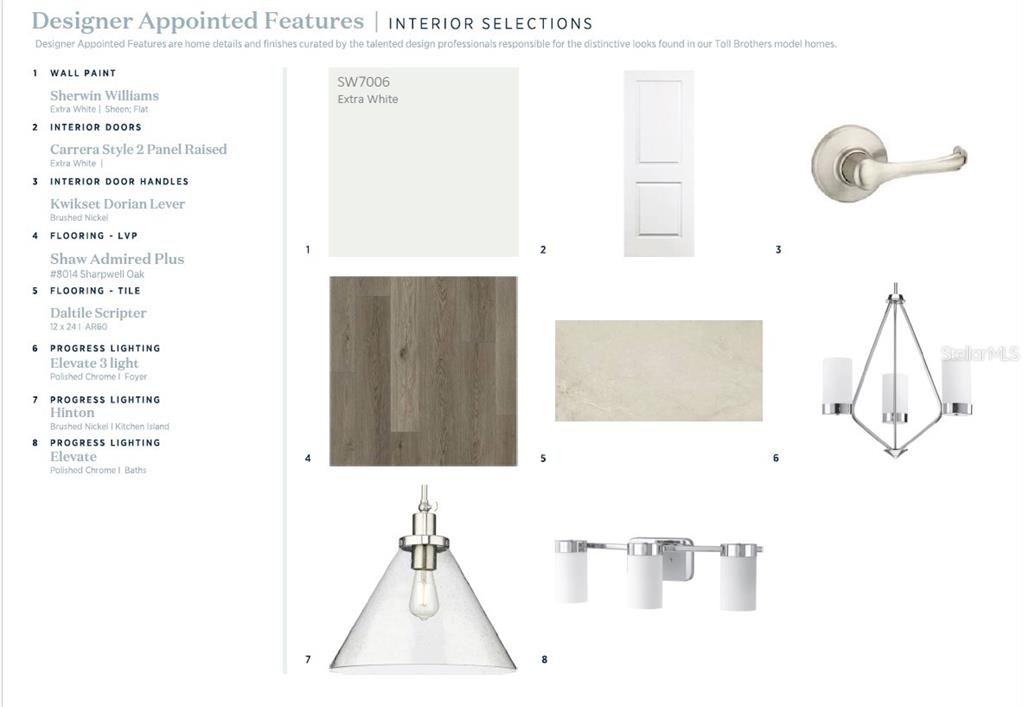 This interior design selection board displays paint, doors, hardware, flooring, and lighting fixture samples — 3678 ARBORDALE LOOP, SANFORD, FL